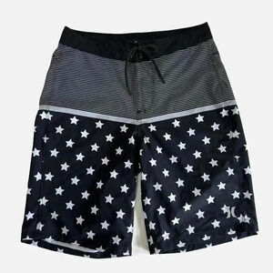 Hurley Stars and Stripes Board Shorts Men's Size 28 Black White Pocket Unlined